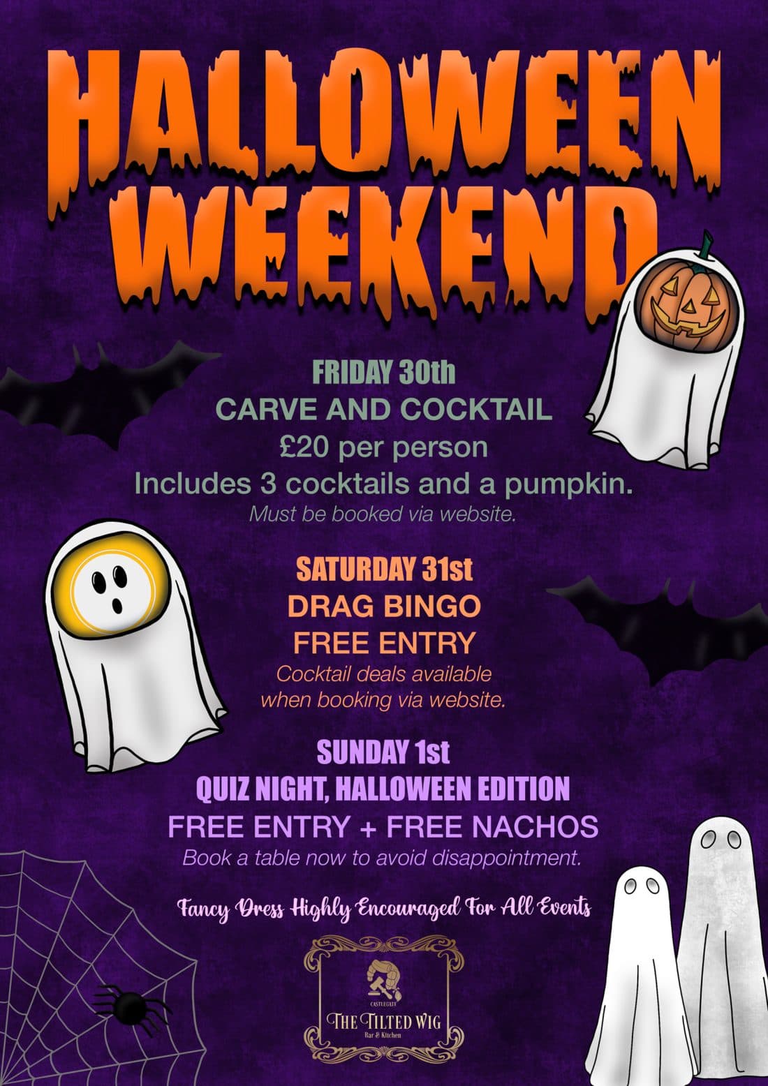 Halloween Weekend at The Tilted Wig: Carve and Cocktail on Friday 30th, Drag Bingo on Saturday 31st, Halloween Quiz Night on Sunday 1st